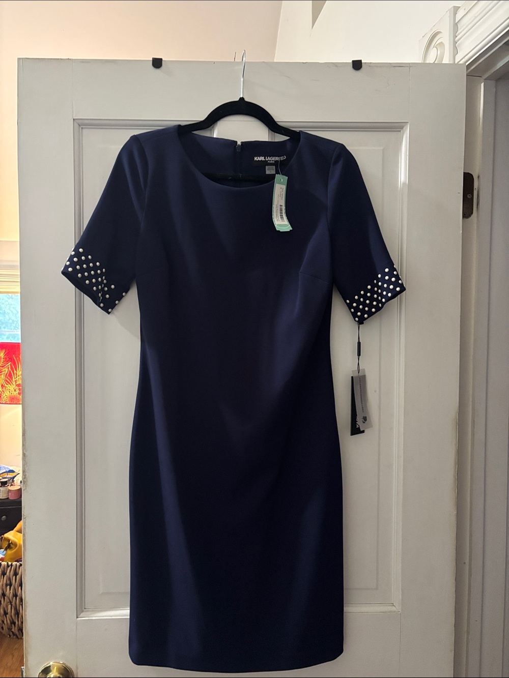 Karl Lagerfeld Navy Midi Dress with embellished « pearl » Short Sleeves